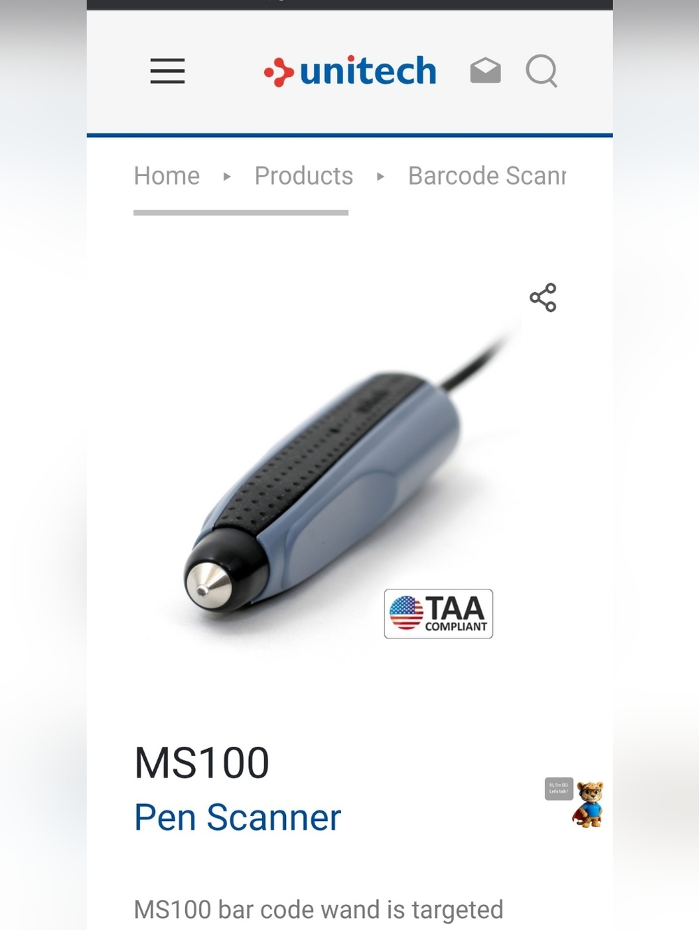 Unitech MS100 Pen Scanner, with installation disk; NEW IN BOX.